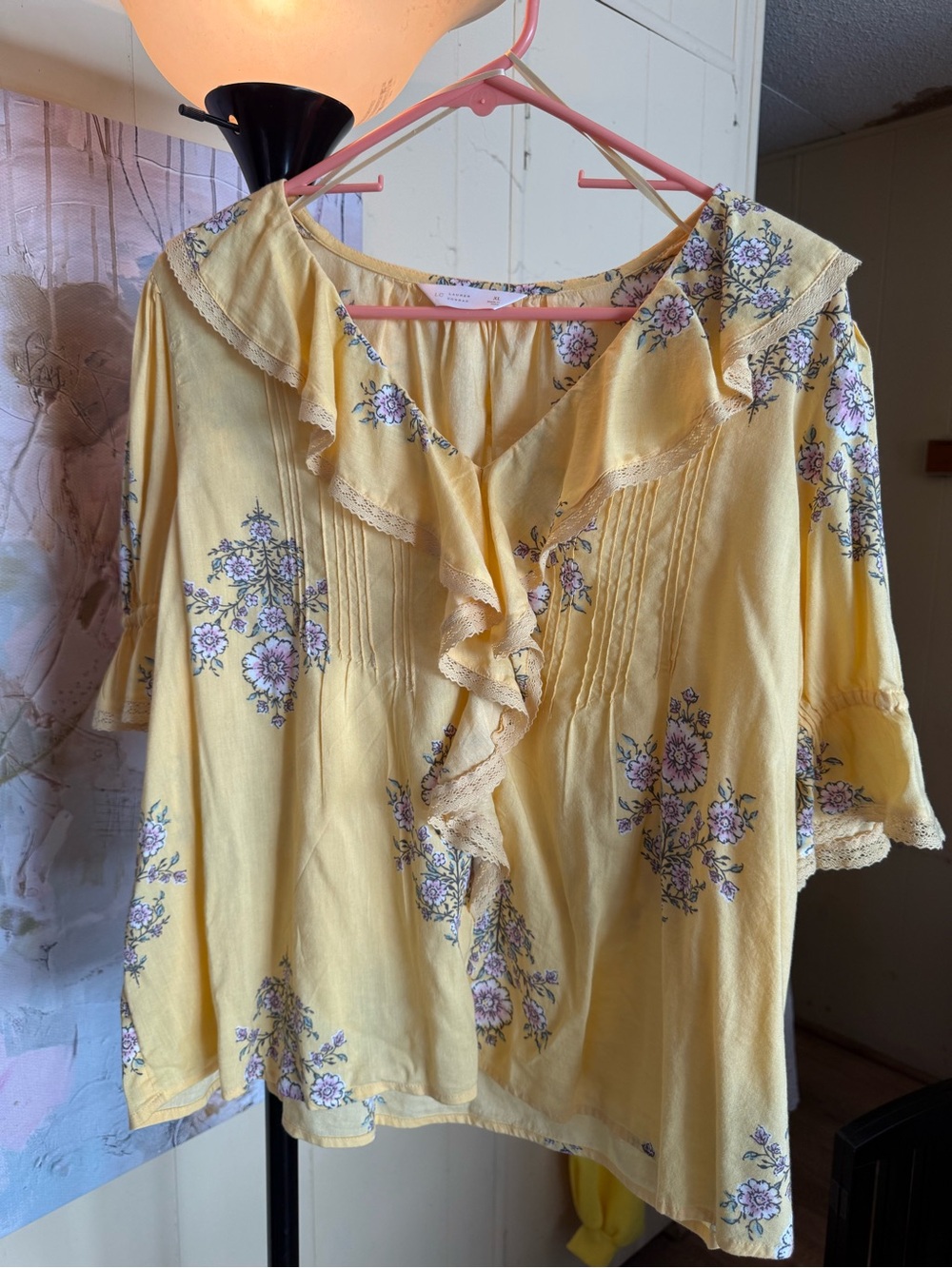 LC Lauren Conrad Yellow Floral Ruffle Blouse